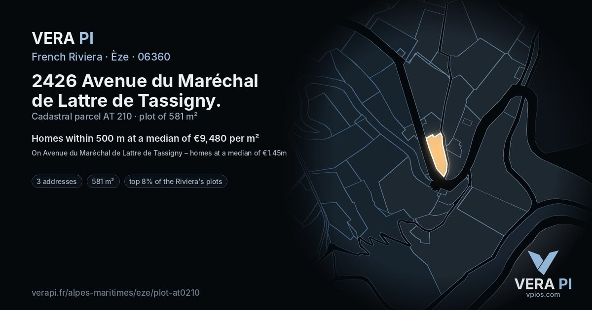 2426 Avenue du Maréchal de Lattre de Tassigny, Èze at night – the plot lit, the parcels around coloured by the prices near them