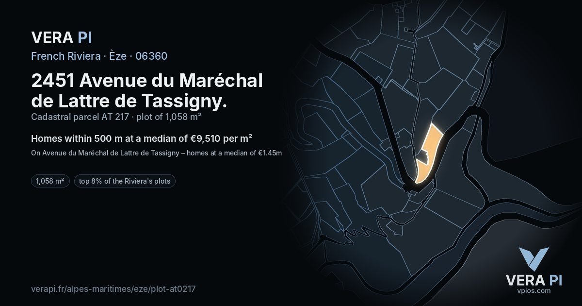 2451 Avenue du Maréchal de Lattre de Tassigny, Èze at night – the plot lit, the parcels around coloured by the prices near them