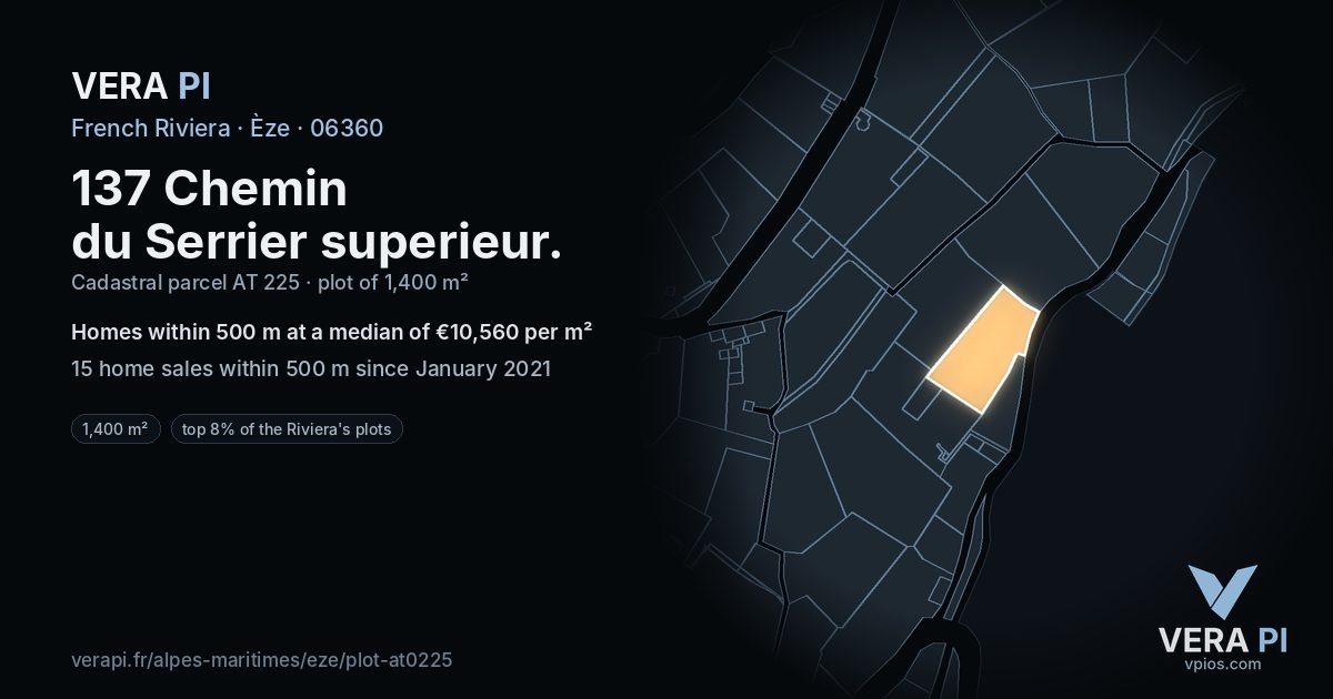 137 Chemin du Serrier superieur, Èze at night – the plot lit, the parcels around coloured by the prices near them