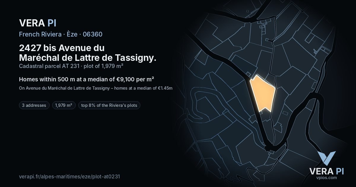 2427 bis Avenue du Maréchal de Lattre de Tassigny, Èze at night – the plot lit, the parcels around coloured by the prices near them