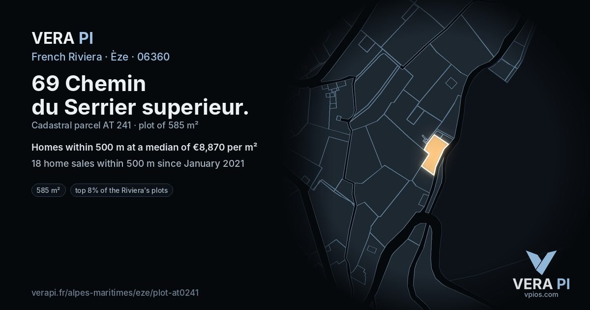 69 Chemin du Serrier superieur, Èze at night – the plot lit, the parcels around coloured by the prices near them