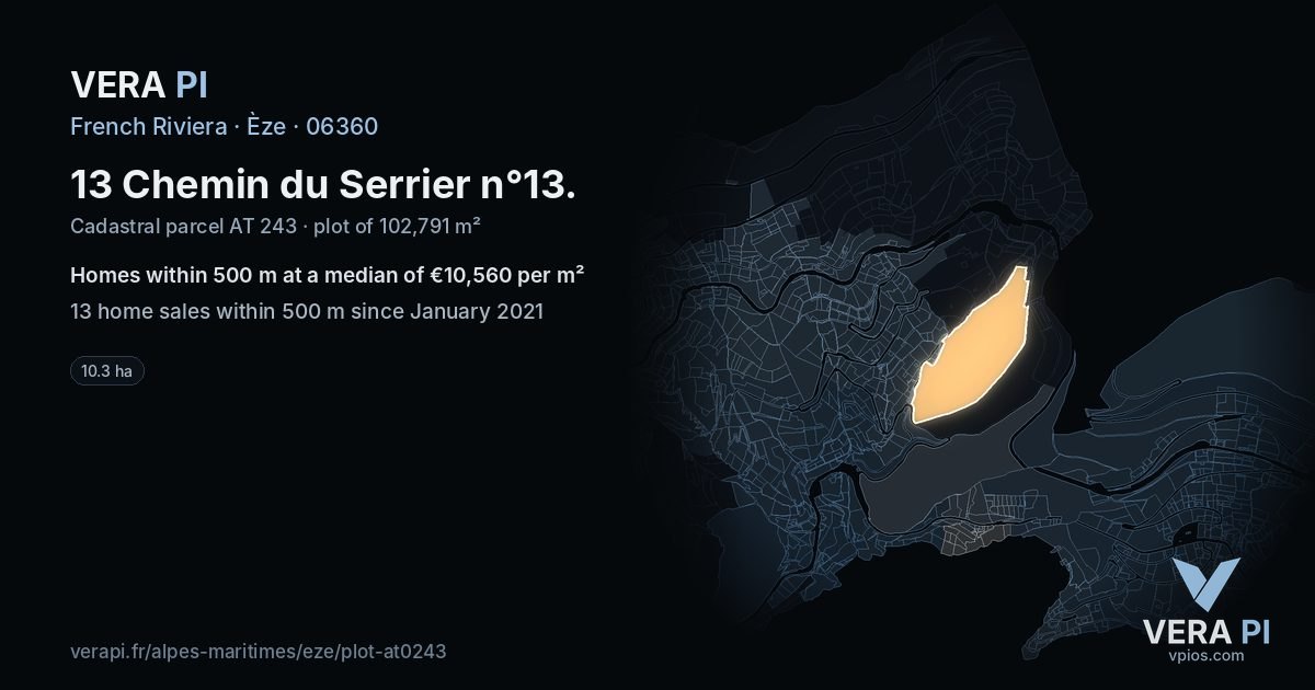 13 Chemin du Serrier n°13, Èze at night – the plot lit, the parcels around coloured by the prices near them