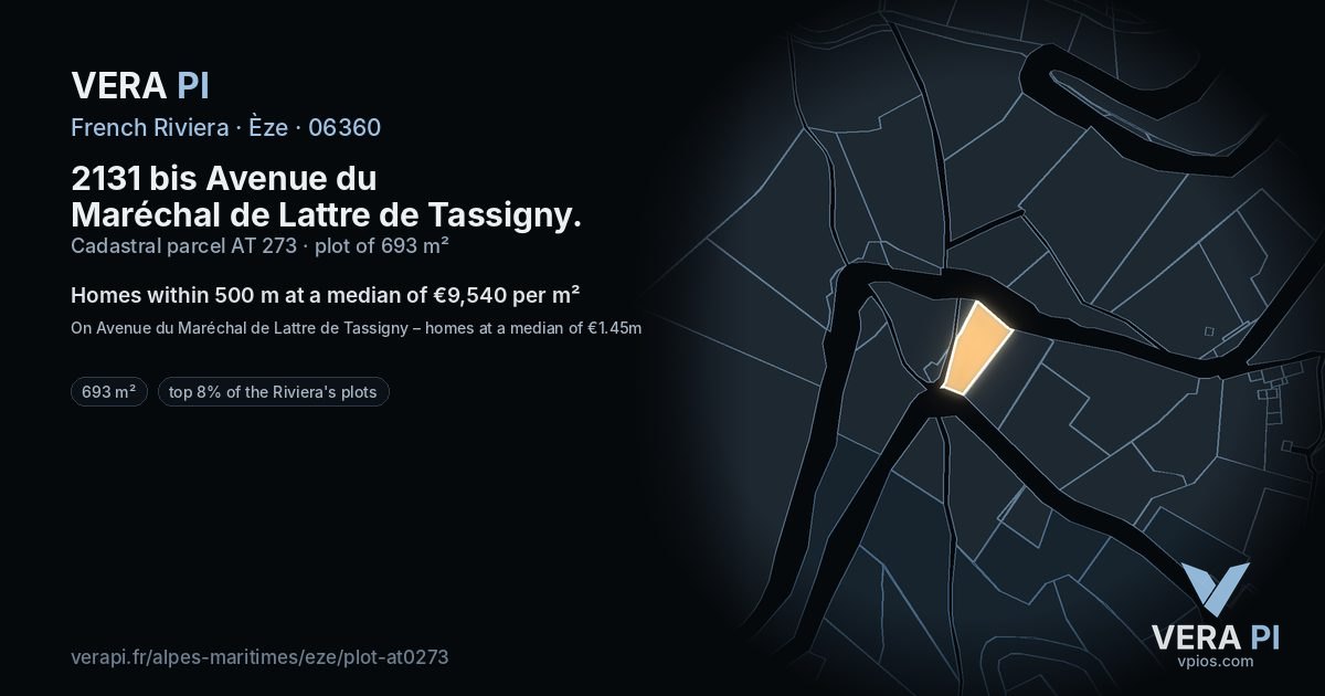 2131 bis Avenue du Maréchal de Lattre de Tassigny, Èze at night – the plot lit, the parcels around coloured by the prices near them