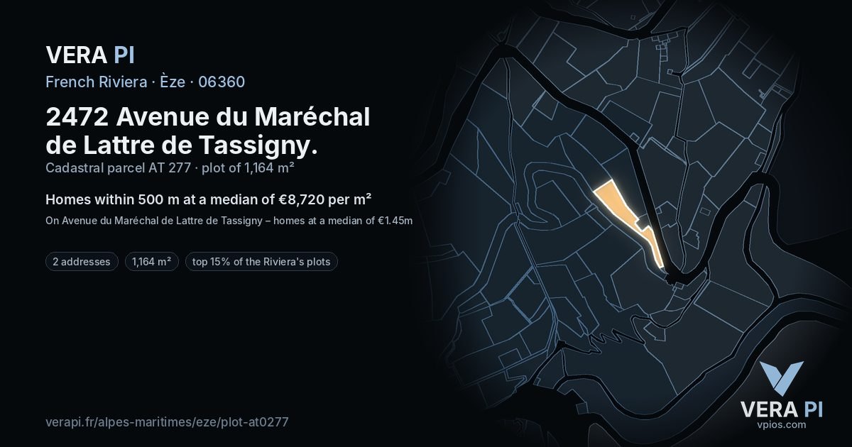 2472 Avenue du Maréchal de Lattre de Tassigny, Èze at night – the plot lit, the parcels around coloured by the prices near them