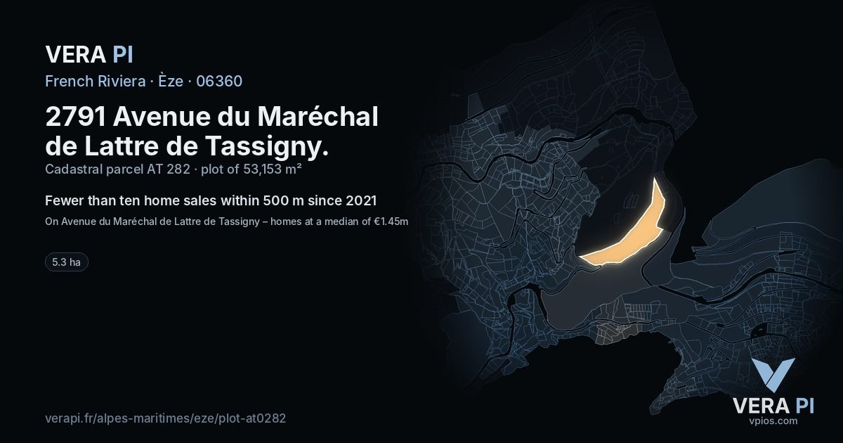 2791 Avenue du Maréchal de Lattre de Tassigny, Èze at night – the plot lit, the parcels around coloured by the prices near them