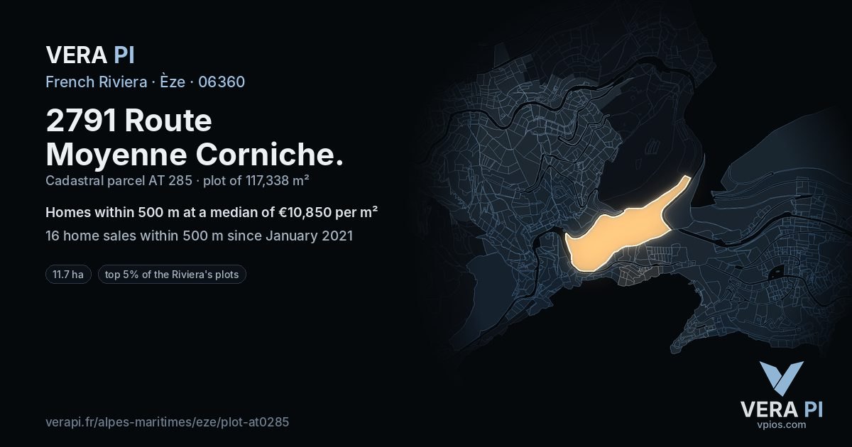 2791 Route Moyenne Corniche, Èze at night – the plot lit, the parcels around coloured by the prices near them
