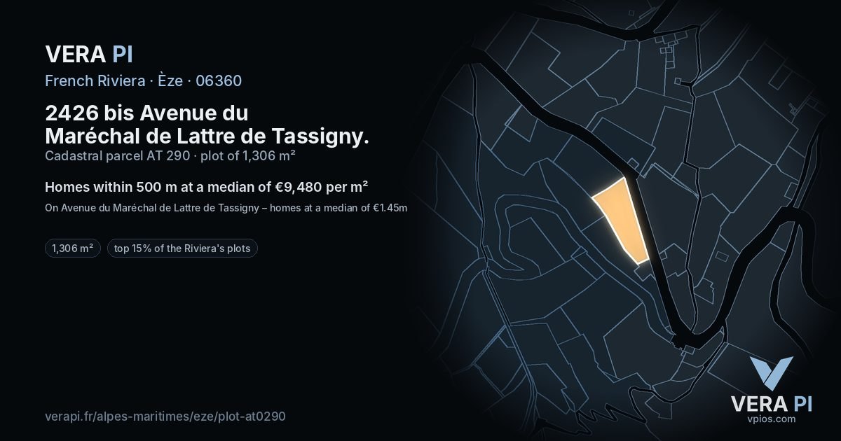 2426 bis Avenue du Maréchal de Lattre de Tassigny, Èze at night – the plot lit, the parcels around coloured by the prices near them