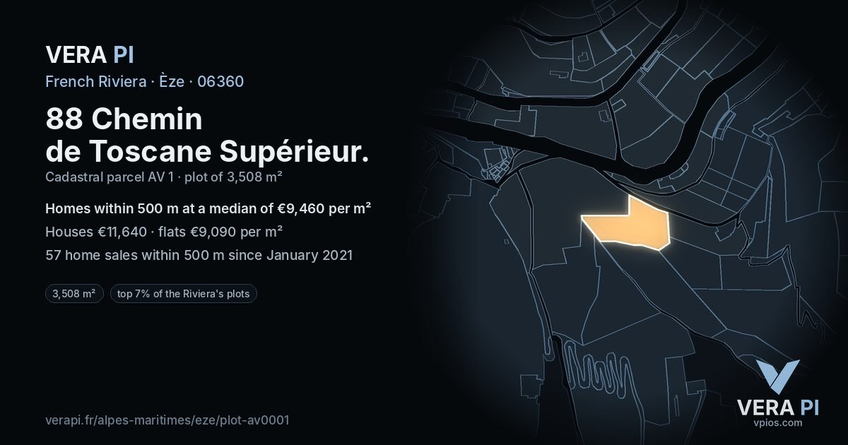 88 Chemin de Toscane Supérieur, Èze at night – the plot lit, the parcels around coloured by the prices near them