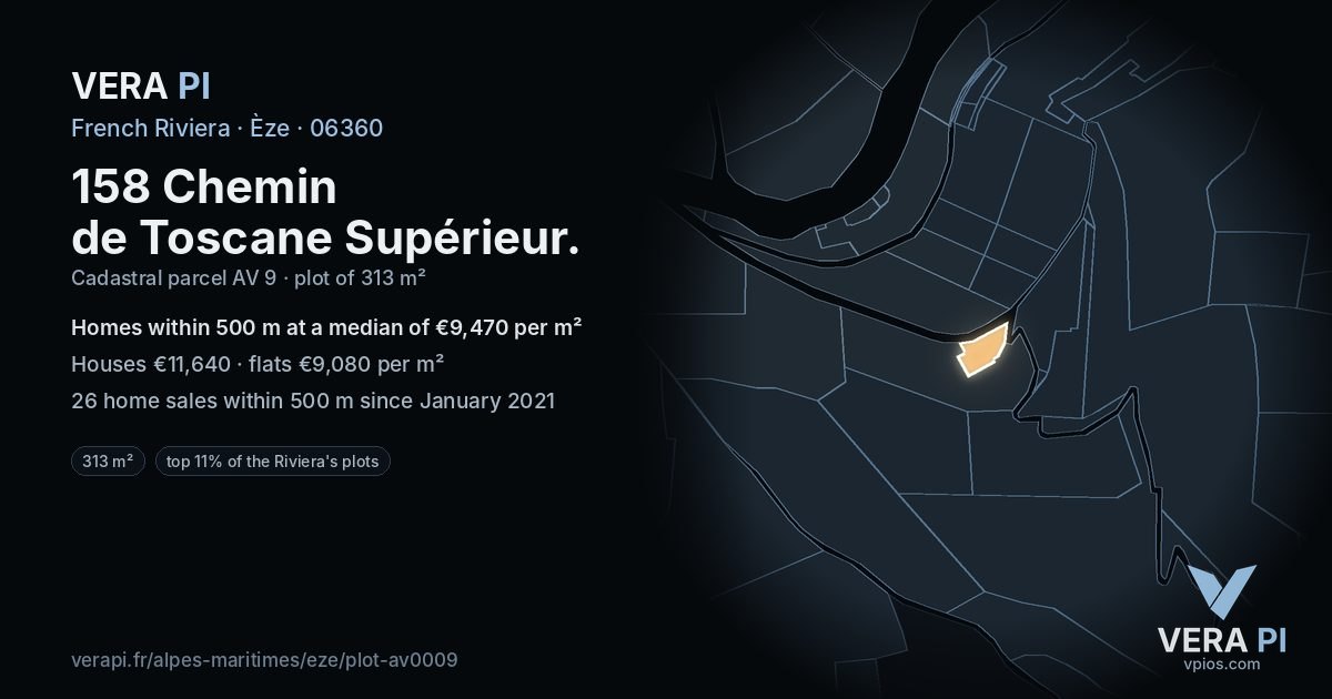 158 Chemin de Toscane Supérieur, Èze at night – the plot lit, the parcels around coloured by the prices near them