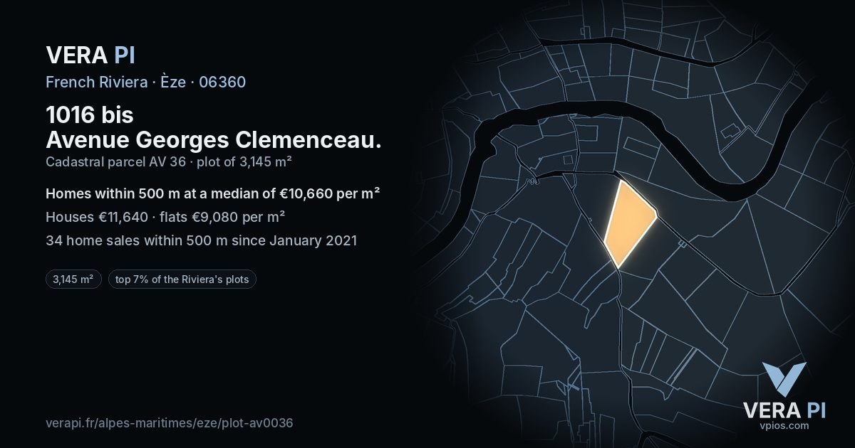 1016 bis Avenue Georges Clemenceau, Èze at night – the plot lit, the parcels around coloured by the prices near them