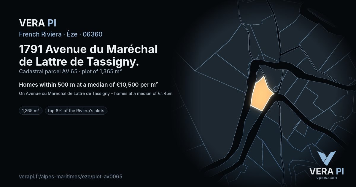 1791 Avenue du Maréchal de Lattre de Tassigny, Èze at night – the plot lit, the parcels around coloured by the prices near them