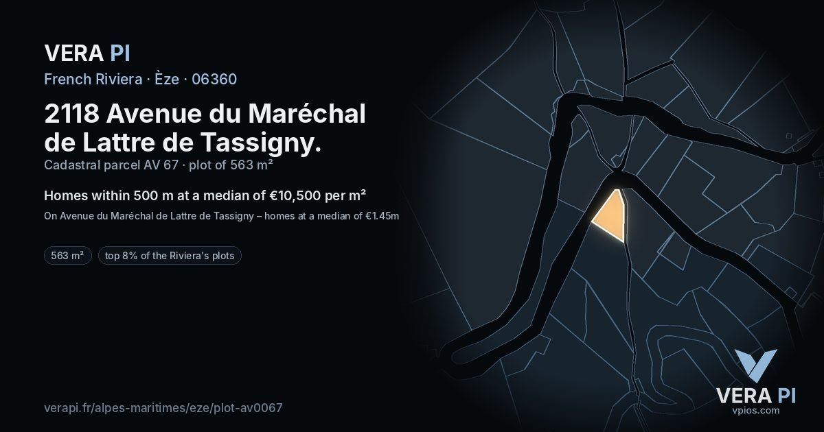 2118 Avenue du Maréchal de Lattre de Tassigny, Èze at night – the plot lit, the parcels around coloured by the prices near them
