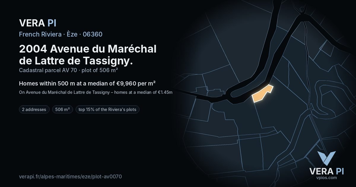 2004 Avenue du Maréchal de Lattre de Tassigny, Èze at night – the plot lit, the parcels around coloured by the prices near them