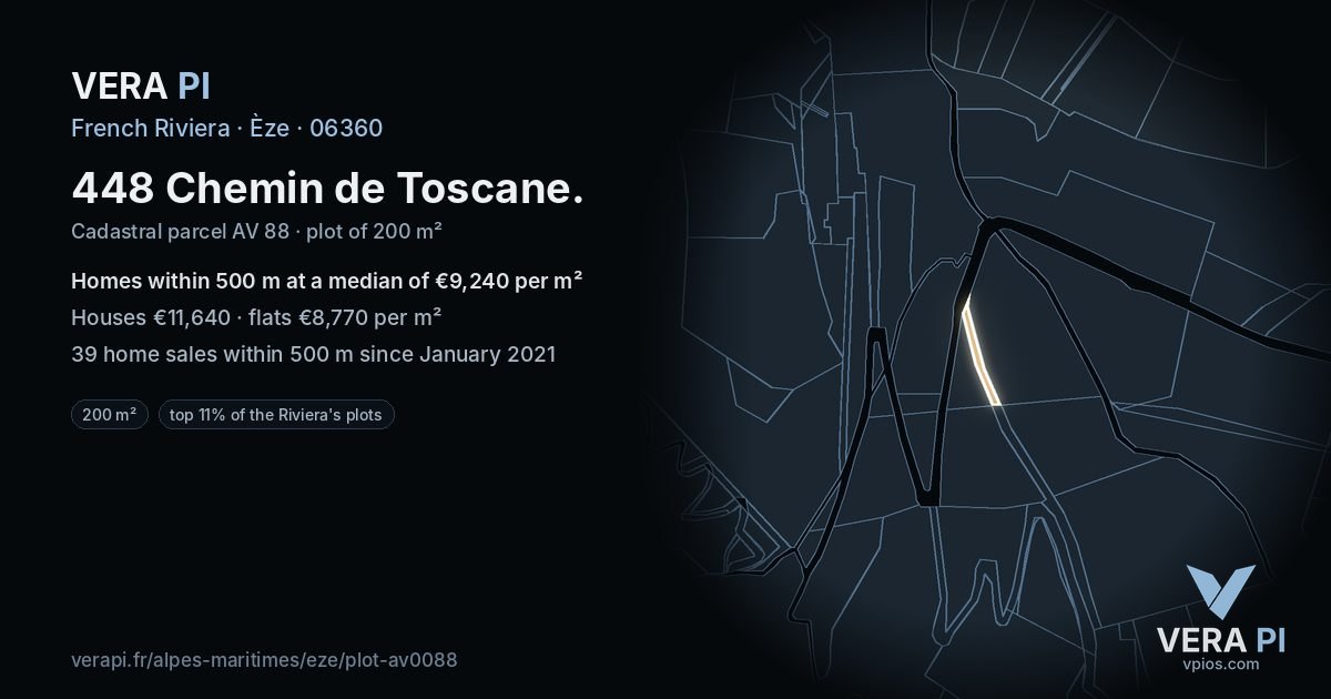 448 Chemin de Toscane, Èze at night – the plot lit, the parcels around coloured by the prices near them
