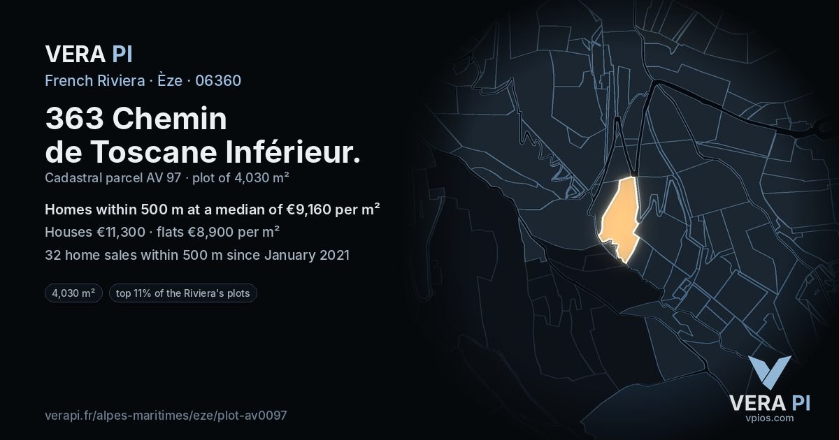363 Chemin de Toscane Inférieur, Èze at night – the plot lit, the parcels around coloured by the prices near them