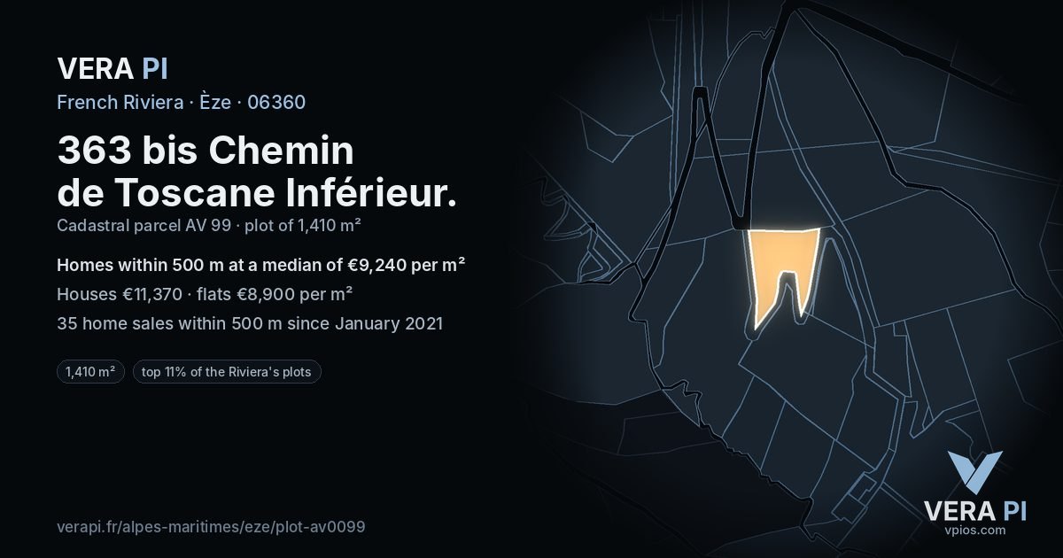 363 bis Chemin de Toscane Inférieur, Èze at night – the plot lit, the parcels around coloured by the prices near them