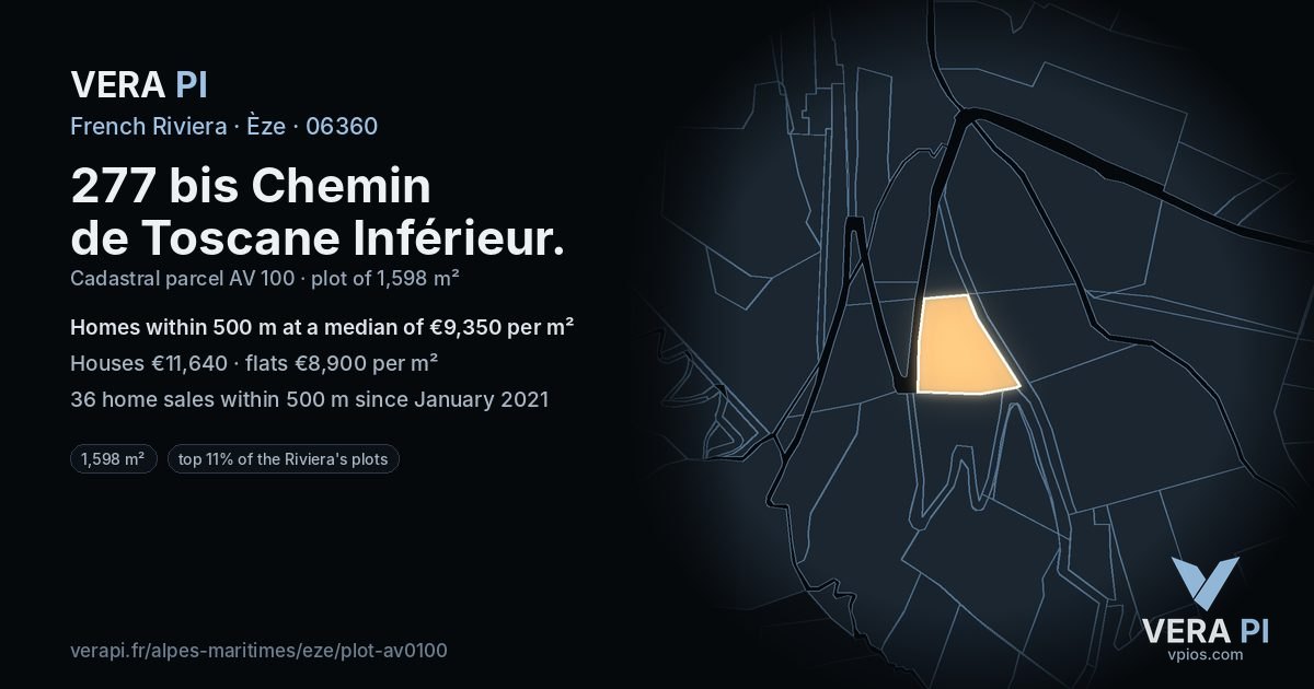 277 bis Chemin de Toscane Inférieur, Èze at night – the plot lit, the parcels around coloured by the prices near them