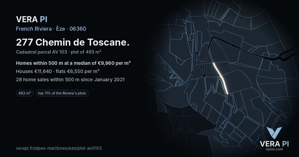 277 Chemin de Toscane, Èze at night – the plot lit, the parcels around coloured by the prices near them