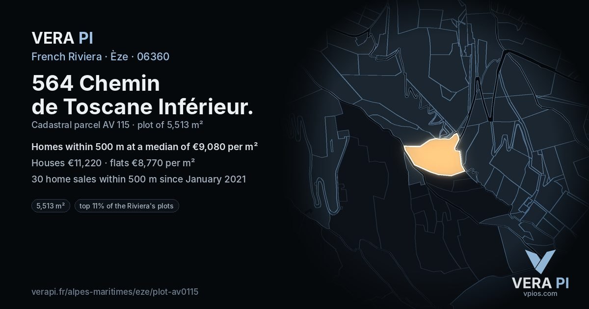 564 Chemin de Toscane Inférieur, Èze at night – the plot lit, the parcels around coloured by the prices near them