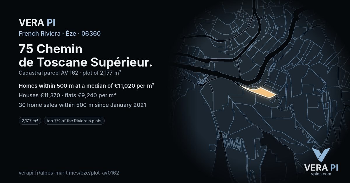 75 Chemin de Toscane Supérieur, Èze at night – the plot lit, the parcels around coloured by the prices near them