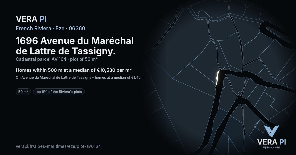 1696 Avenue du Maréchal de Lattre de Tassigny, Èze at night – the plot lit, the parcels around coloured by the prices near them