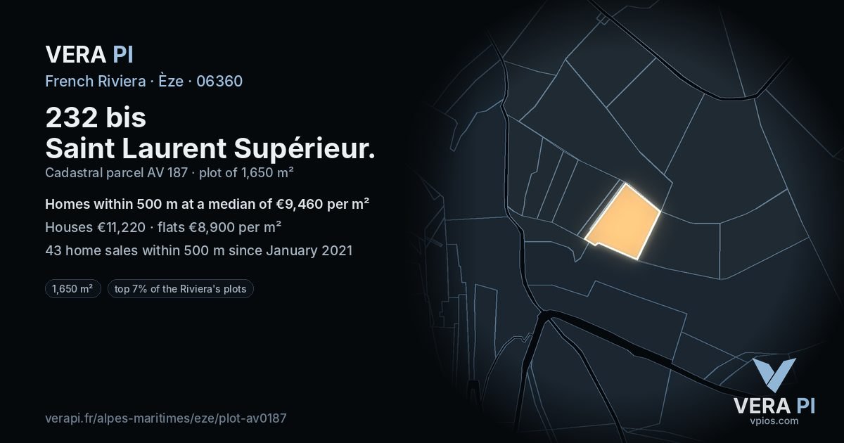 232 bis Saint Laurent Supérieur, Èze at night – the plot lit, the parcels around coloured by the prices near them