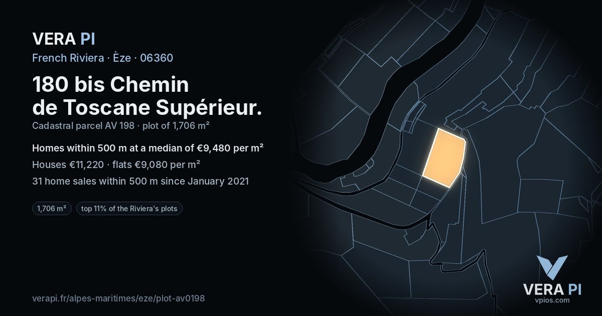 180 bis Chemin de Toscane Supérieur, Èze at night – the plot lit, the parcels around coloured by the prices near them