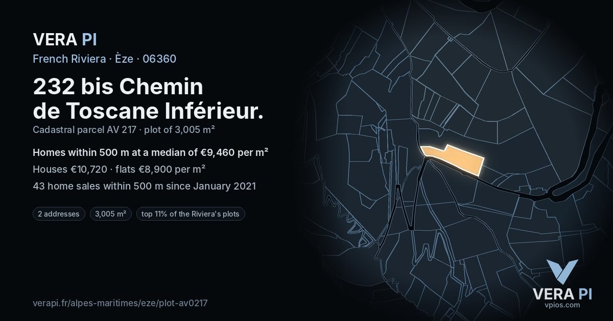 232 bis Chemin de Toscane Inférieur, Èze at night – the plot lit, the parcels around coloured by the prices near them