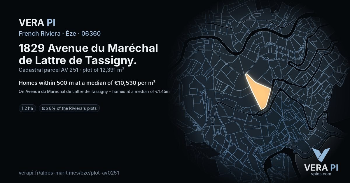 1829 Avenue du Maréchal de Lattre de Tassigny, Èze at night – the plot lit, the parcels around coloured by the prices near them