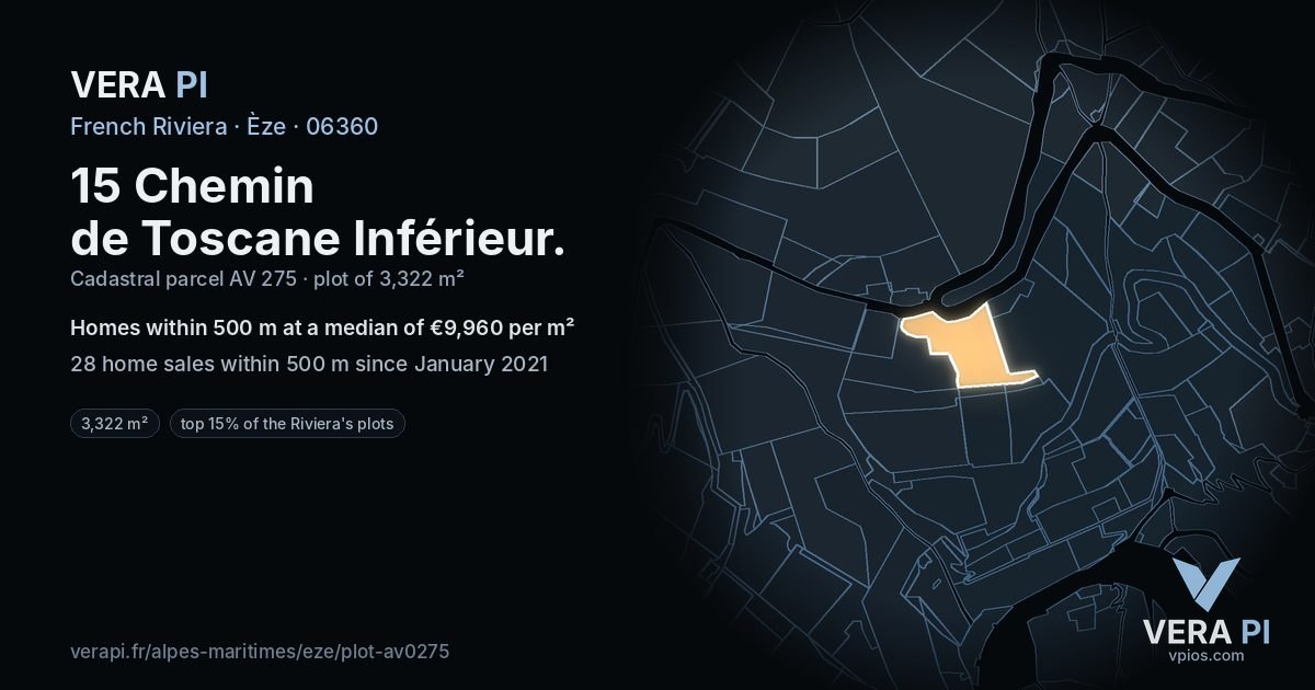 15 Chemin de Toscane Inférieur, Èze at night – the plot lit, the parcels around coloured by the prices near them