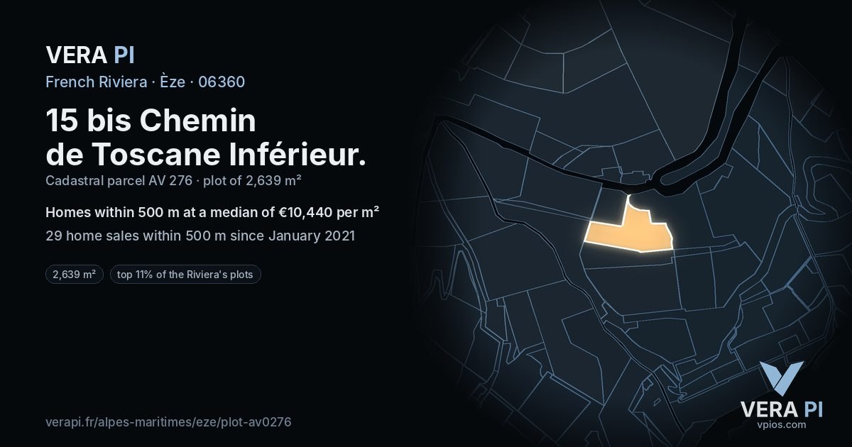 15 bis Chemin de Toscane Inférieur, Èze at night – the plot lit, the parcels around coloured by the prices near them