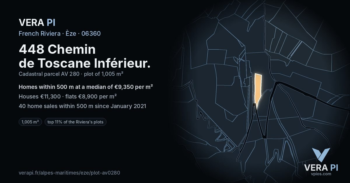 448 Chemin de Toscane Inférieur, Èze at night – the plot lit, the parcels around coloured by the prices near them