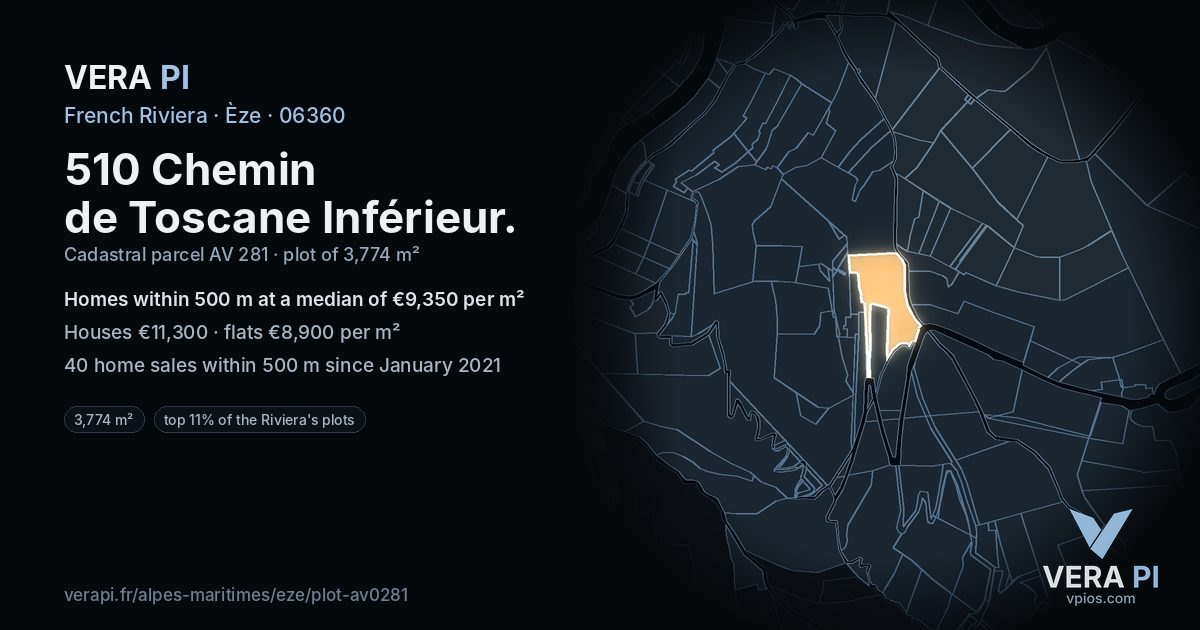 510 Chemin de Toscane Inférieur, Èze at night – the plot lit, the parcels around coloured by the prices near them