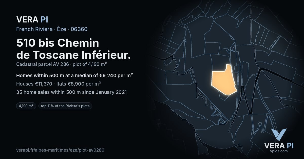 510 bis Chemin de Toscane Inférieur, Èze at night – the plot lit, the parcels around coloured by the prices near them