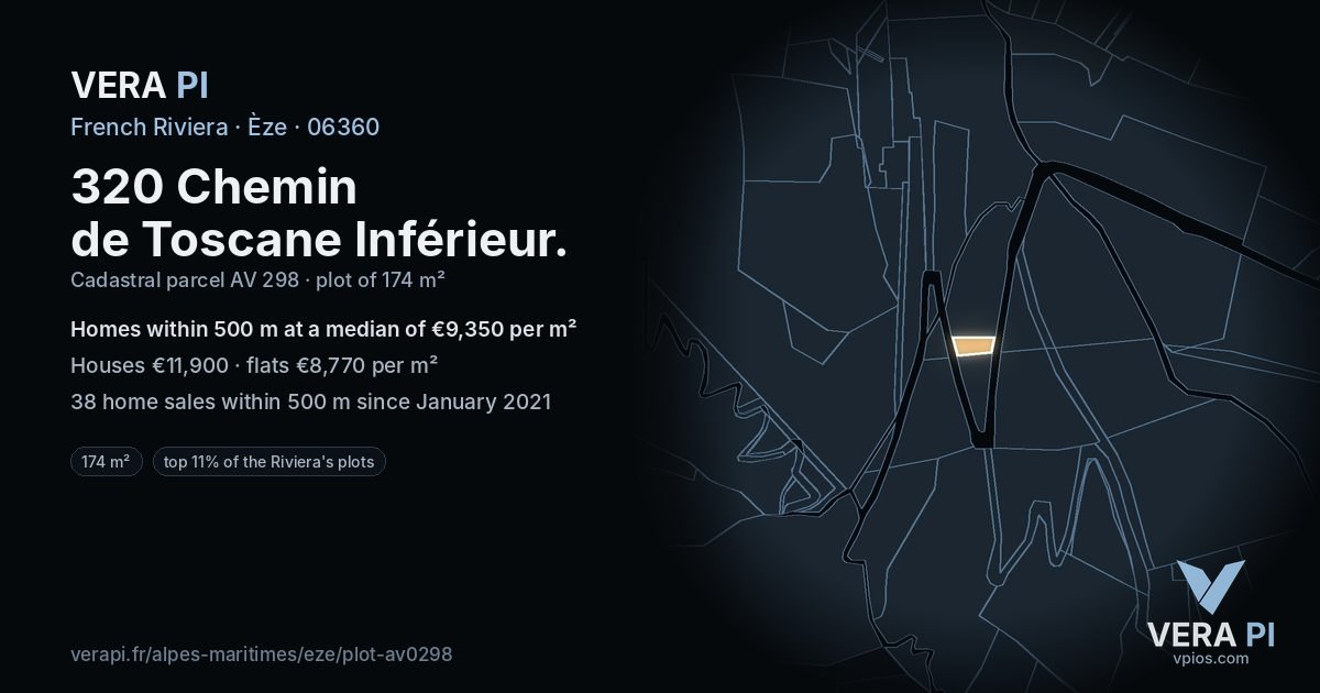 320 Chemin de Toscane Inférieur, Èze at night – the plot lit, the parcels around coloured by the prices near them