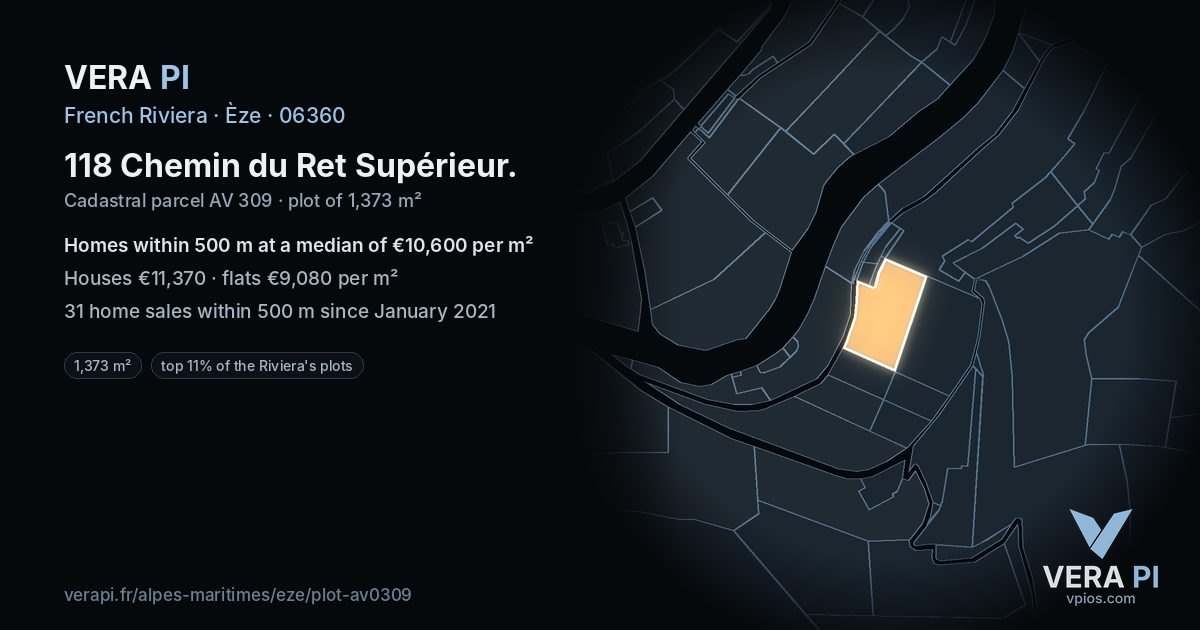 118 Chemin du Ret Supérieur, Èze at night – the plot lit, the parcels around coloured by the prices near them