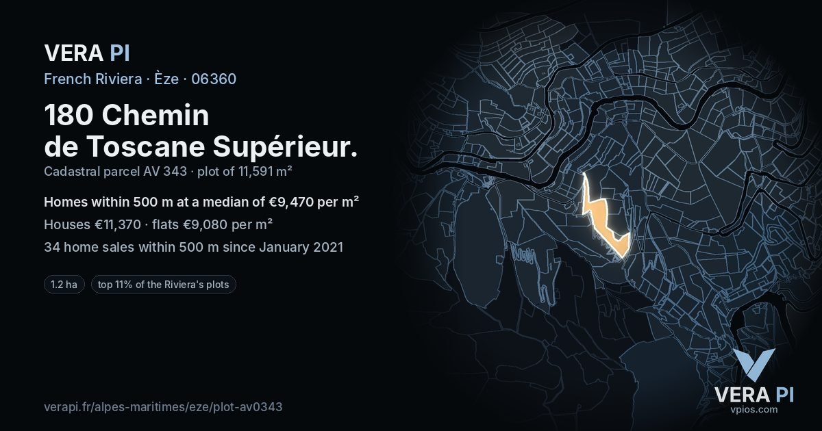 180 Chemin de Toscane Supérieur, Èze at night – the plot lit, the parcels around coloured by the prices near them