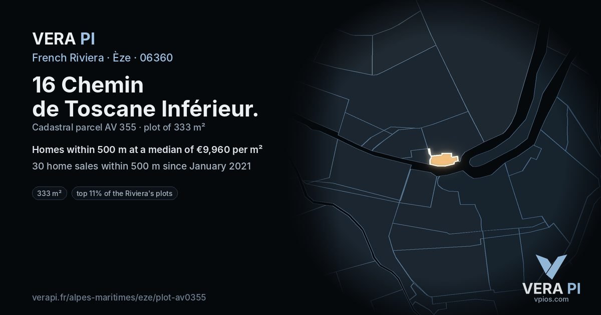 16 Chemin de Toscane Inférieur, Èze at night – the plot lit, the parcels around coloured by the prices near them