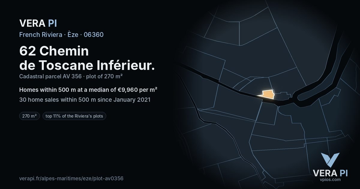 62 Chemin de Toscane Inférieur, Èze at night – the plot lit, the parcels around coloured by the prices near them