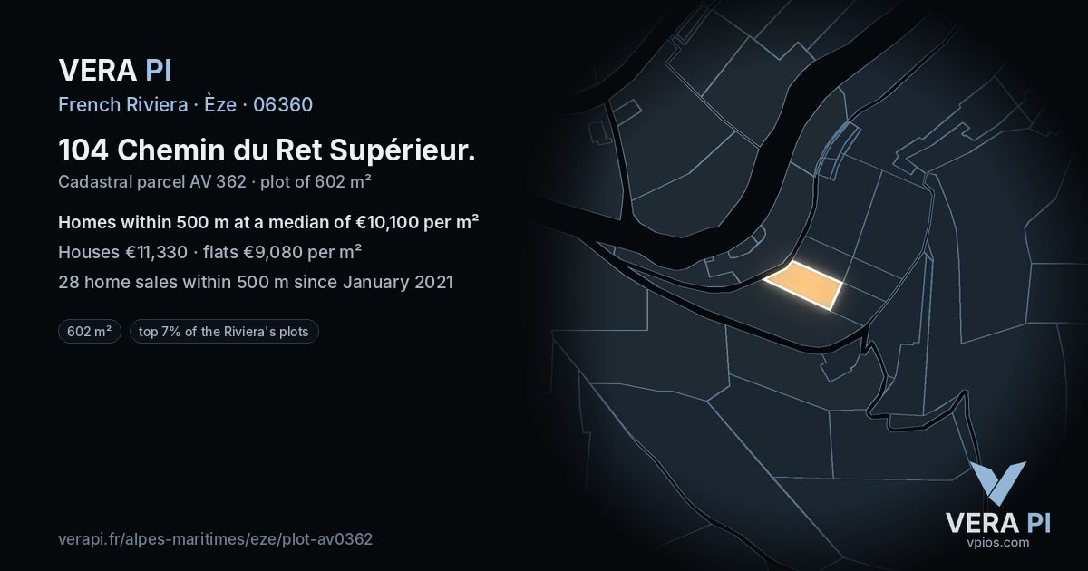 104 Chemin du Ret Supérieur, Èze at night – the plot lit, the parcels around coloured by the prices near them