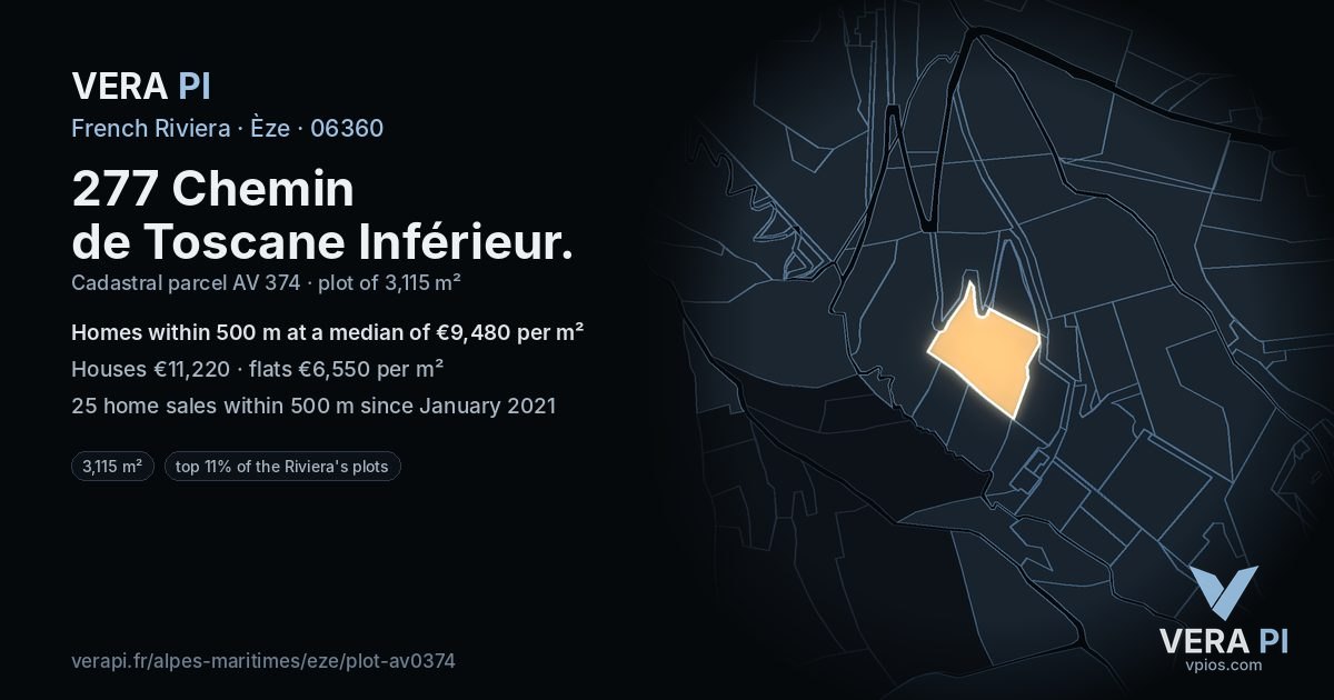 277 Chemin de Toscane Inférieur, Èze at night – the plot lit, the parcels around coloured by the prices near them