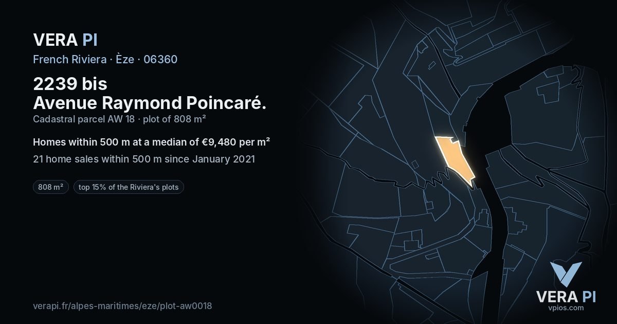 2239 bis Avenue Raymond Poincaré, Èze at night – the plot lit, the parcels around coloured by the prices near them