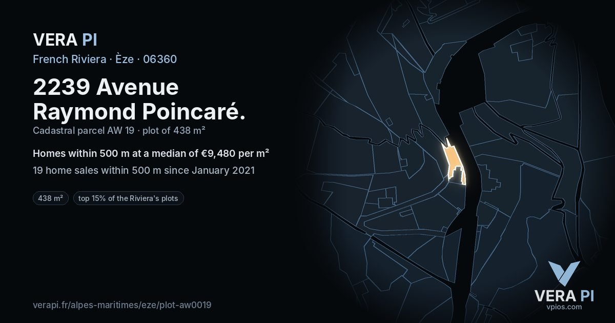 2239 Avenue Raymond Poincaré, Èze at night – the plot lit, the parcels around coloured by the prices near them