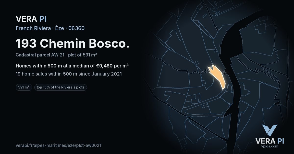 193 Chemin Bosco, Èze at night – the plot lit, the parcels around coloured by the prices near them