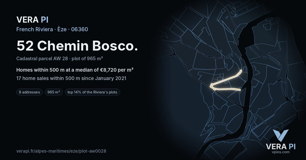 52 Chemin Bosco, Èze at night – the plot lit, the parcels around coloured by the prices near them