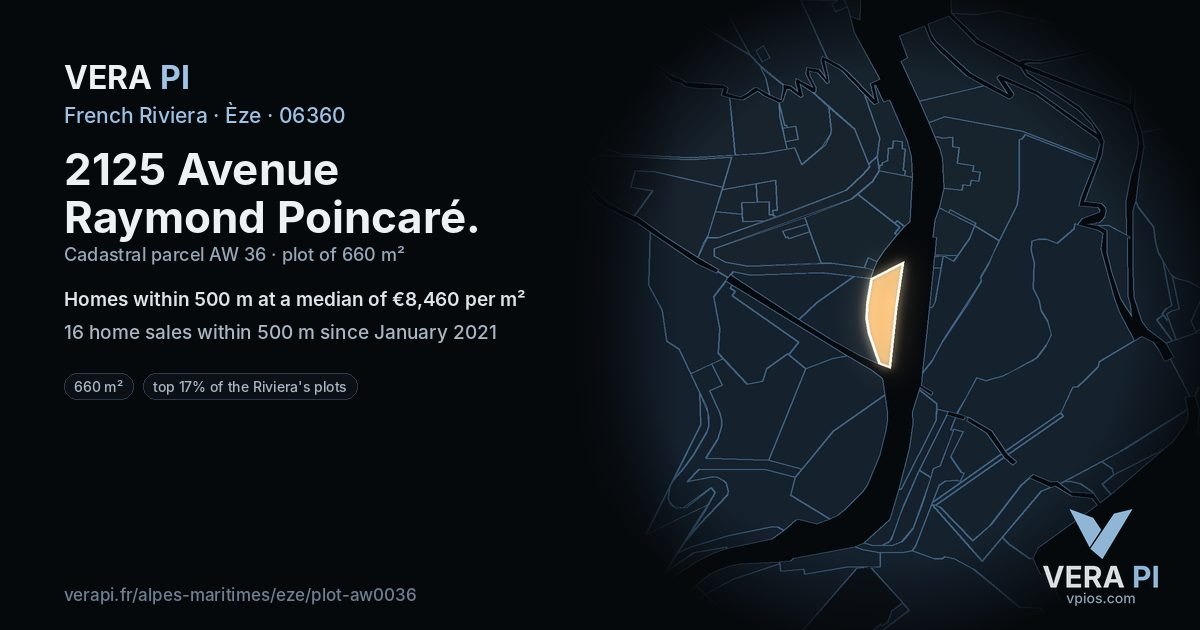 2125 Avenue Raymond Poincaré, Èze at night – the plot lit, the parcels around coloured by the prices near them