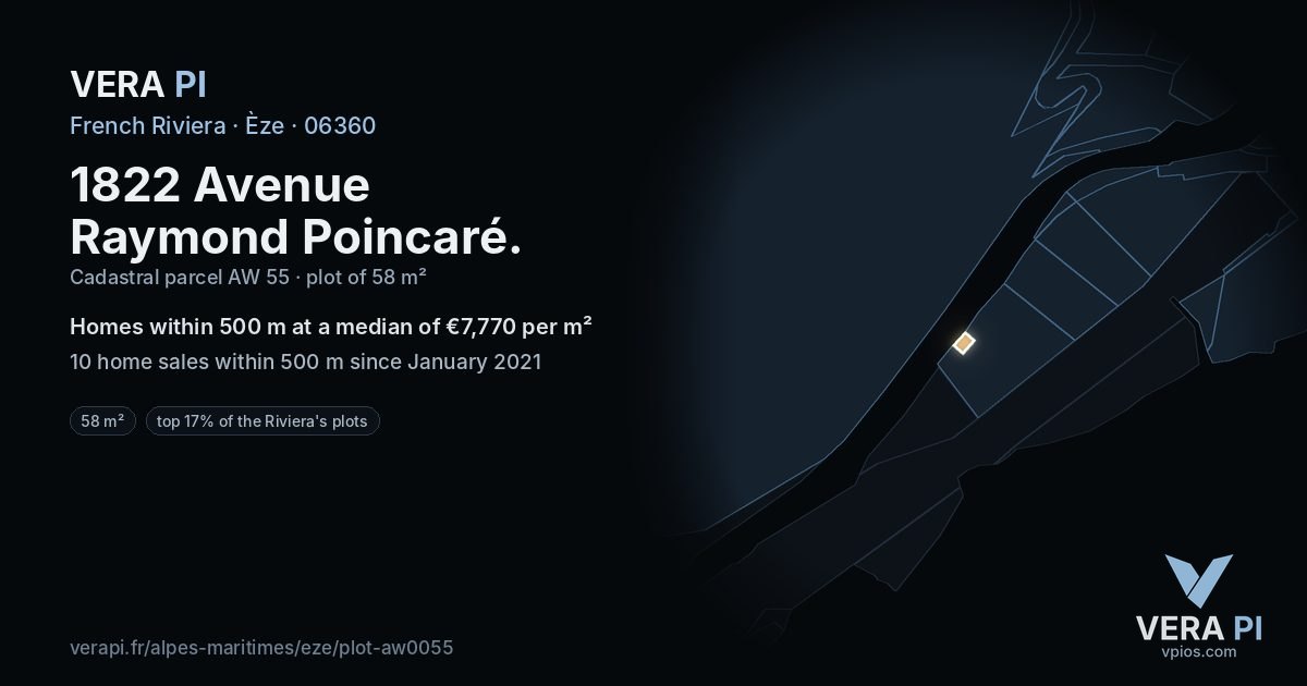 1822 Avenue Raymond Poincaré, Èze at night – the plot lit, the parcels around coloured by the prices near them