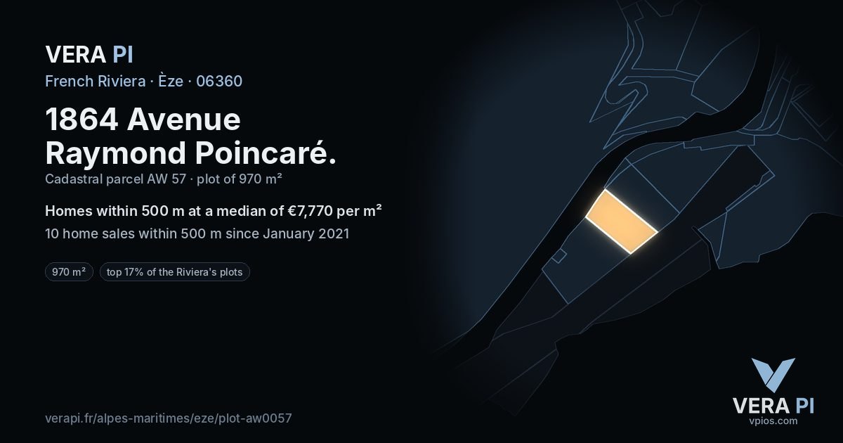 1864 Avenue Raymond Poincaré, Èze at night – the plot lit, the parcels around coloured by the prices near them