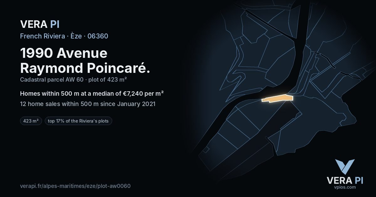 1990 Avenue Raymond Poincaré, Èze at night – the plot lit, the parcels around coloured by the prices near them