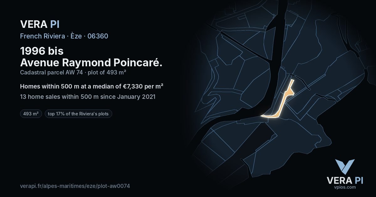 1996 bis Avenue Raymond Poincaré, Èze at night – the plot lit, the parcels around coloured by the prices near them